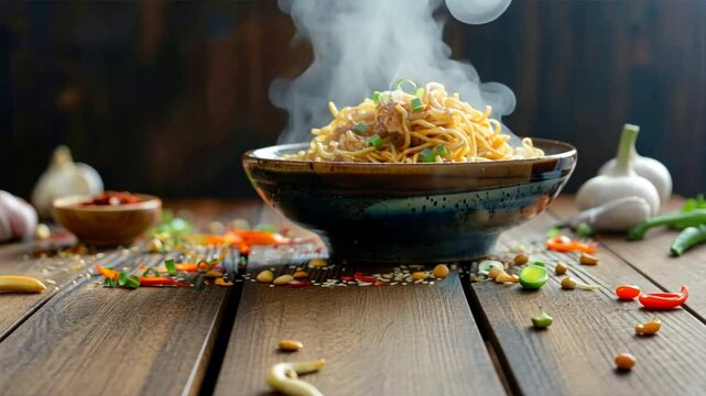 Delicious steaming noodles in bowl, garnished with garlic and green onions, surrounded by colorful ingredients, create vibrant and appetizing Asian cooking experience for food lovers.