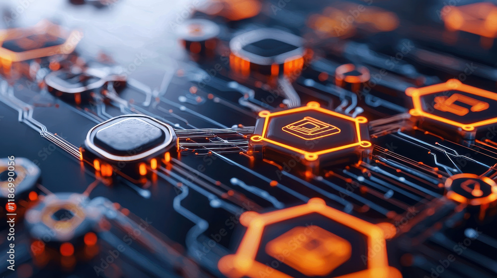 Fototapete close up view of interconnected nodes and data streams with glowing orange accents, showcasing futuristic digital network. intricate design highlights technology and innovation
