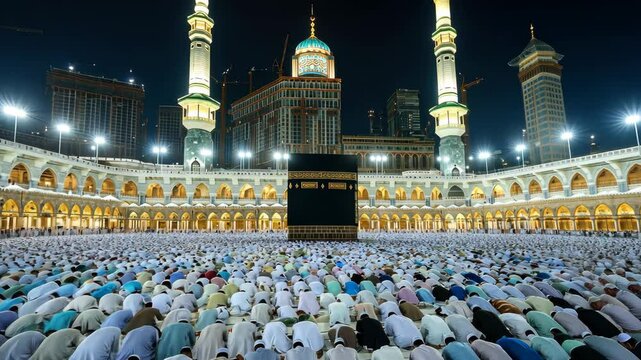 Mass Prayer Gathering at the Sacred Kaaba in Mecca During a Nightly Worship Session