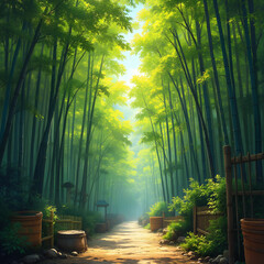 Bamboo Forest Path with Light
