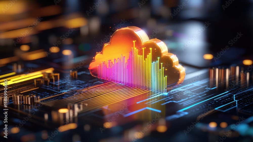Poster vibrant 3D model of cloud system visualizing big data with colorful graphs and digital circuits, representing technology and innovation in data management