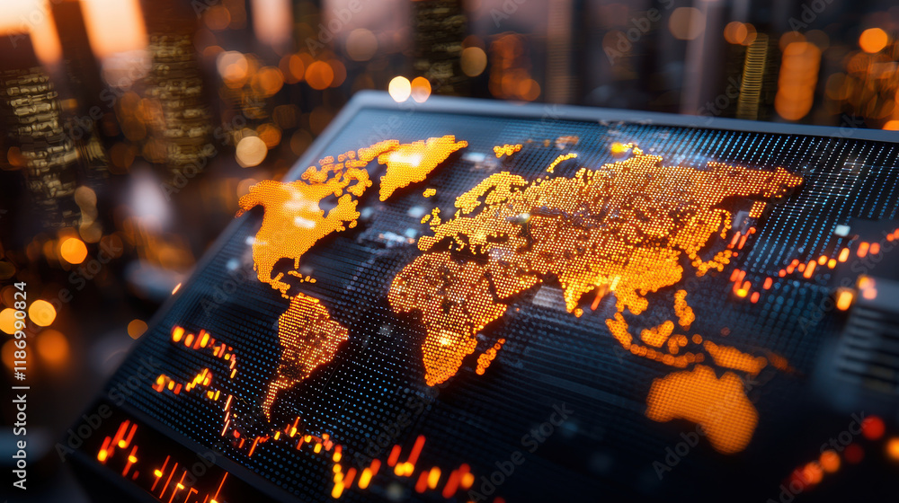 Poster 3D render of world map displaying global data trends with vibrant orange highlights. background features blurred cityscape, creating dynamic and modern atmosphere