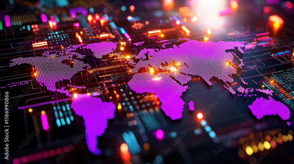 Poster vibrant 3d render of world map showcasing global data trends with colorful lights and digital elemen