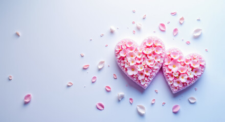 Obraz premium Pink floral heart-shaped arrangements with petals on white background