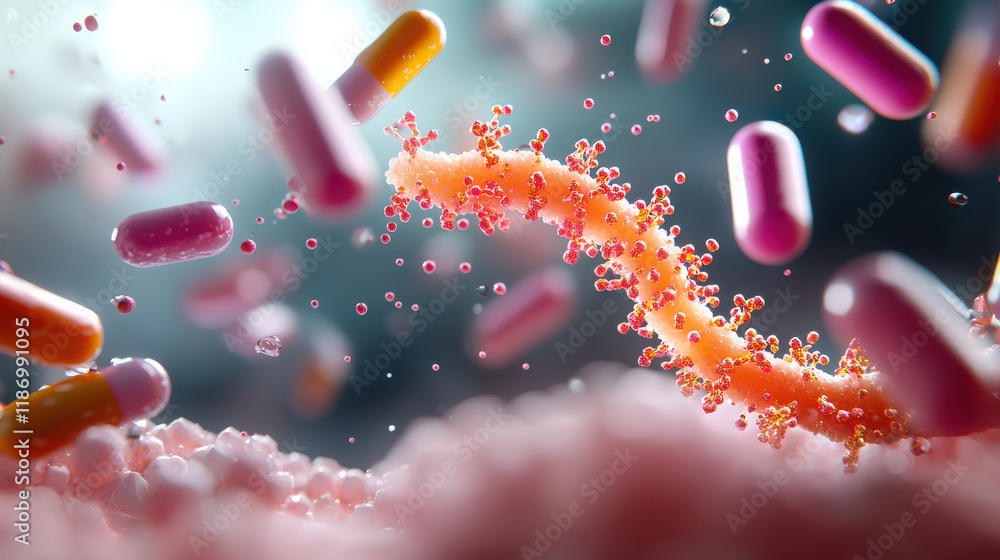 Leinwandbilder 3d visualization of molecular structure in nanotechnology, showcasing vibrant capsules and particles