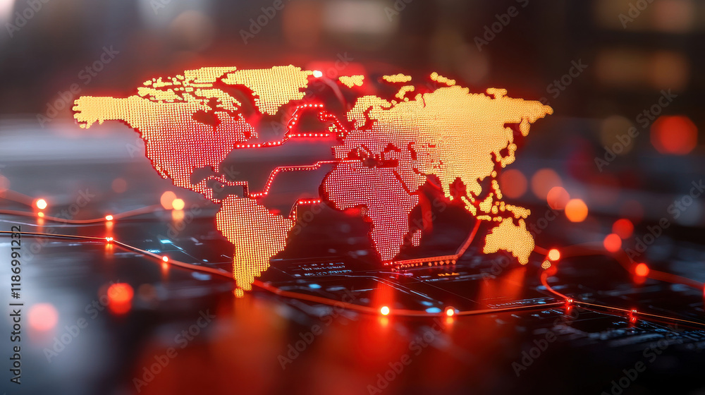 Poster 3d world map displaying real time global economic trends with glowing red and orange elements, symbo