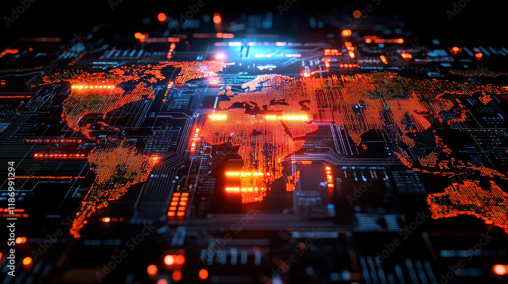 Leinwandbilder 3d world map displaying real time global economic trends with vibrant colors and digital elements. i
