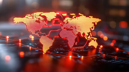3D world map displaying real time global economic trends with glowing red and orange elements, symbolizing connectivity and data flow