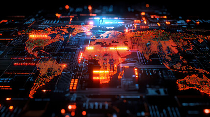 Obraz premium 3D world map displaying real time global economic trends with vibrant colors and digital elements. interconnected data highlights economic activity across continents