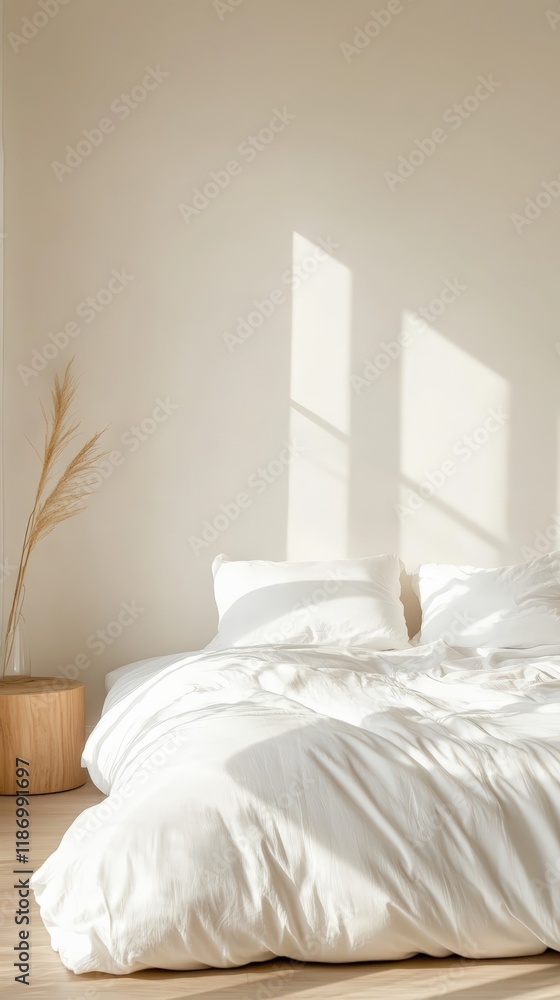 Poster sunlight is illuminating a comfortable unmade bed with white sheets and pillows in a minimal bedroom