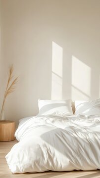 Sunlight is illuminating a comfortable unmade bed with white sheets and pillows in a minimal bedroom with a wooden bedside table and a dry plant, creating a cozy and relaxing atmosphere