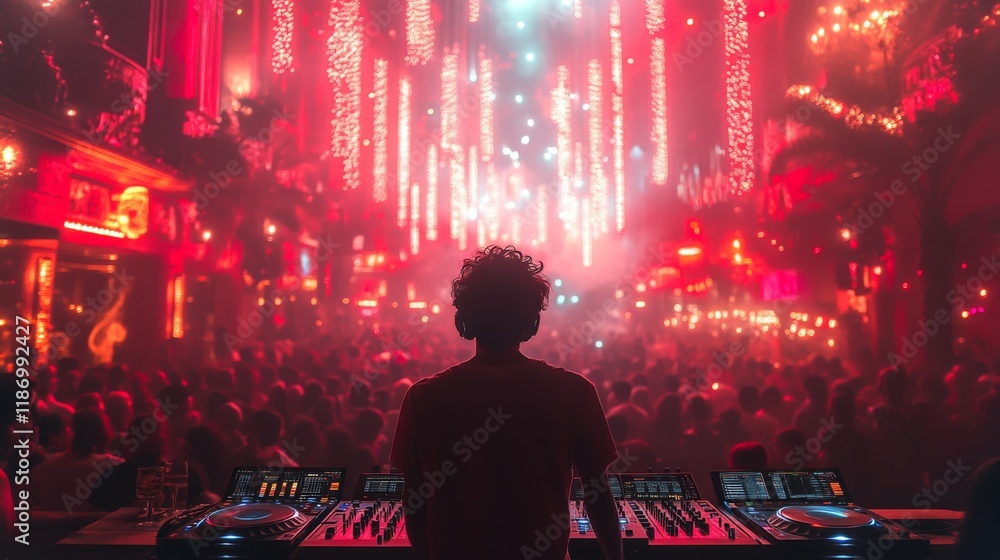 Poster a dj captivates a packed crowd in a lively venue, illuminated by dynamic lights and colorful decorat