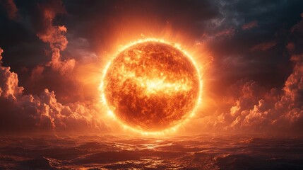 Burning sun setting over ocean with dramatic clouds.