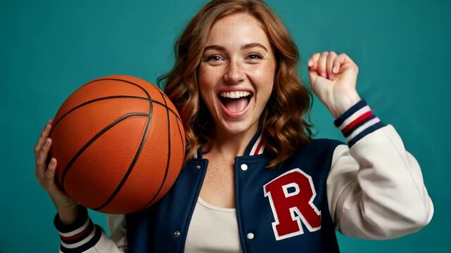 Happy Female Basketball Player Smiles Holding Ball, Showing Five Fingers; Excited Young Woman in Varsity Jacket Celebrates Winning Game with Joyful Expression and Enthusiastic Gestures