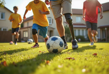 Fototapeta premium Diverse group of boys playing soccer on sunny day with amputee participant
