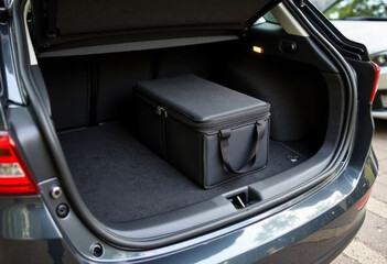 Open car trunk with black cooler bag placed inside