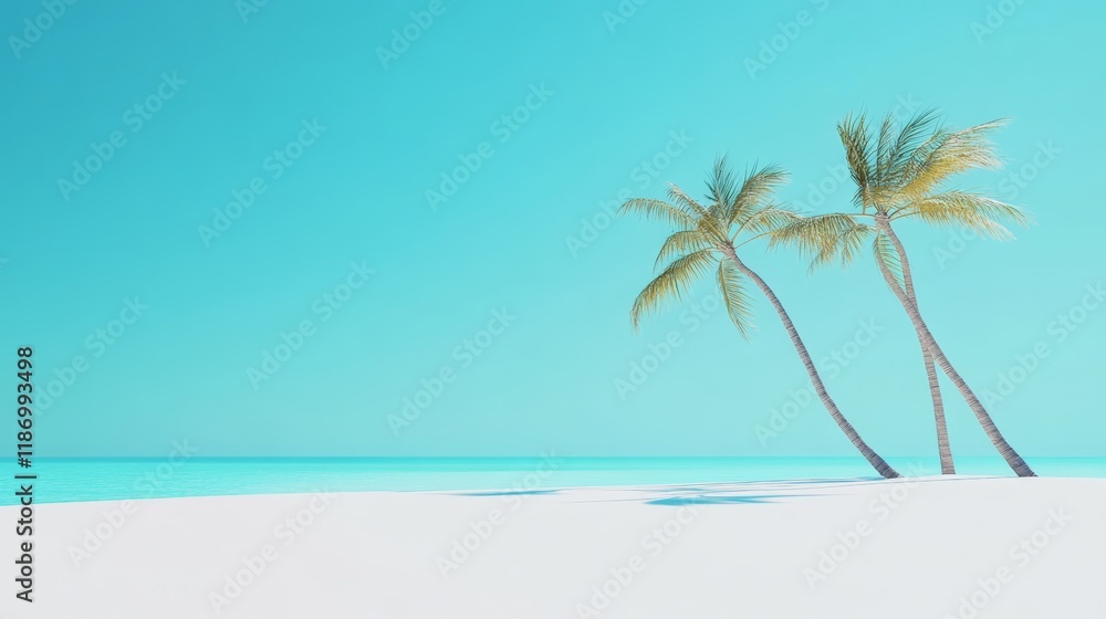 Poster two palm trees are leaning over a white sand beach with turquoise water gently lapping at the shore,