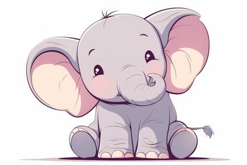 Fototapeta premium Cute cartoon elephant coloring page for kids, simple line art, baby elephant sitting with trunk raised, no shading, black lines on white background, flat design.