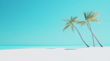 Two palm trees are leaning over a white sand beach with turquoise water gently lapping at the shore, creating a serene and idyllic tropical paradise scene