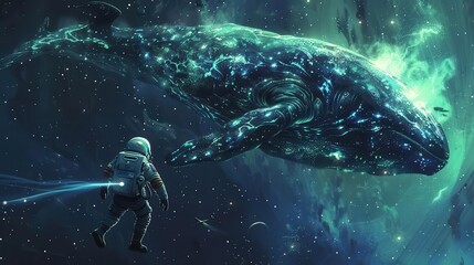 Fototapeta premium An astronaut encounters a glowing cosmic whale in a vibrant, starry space scene.