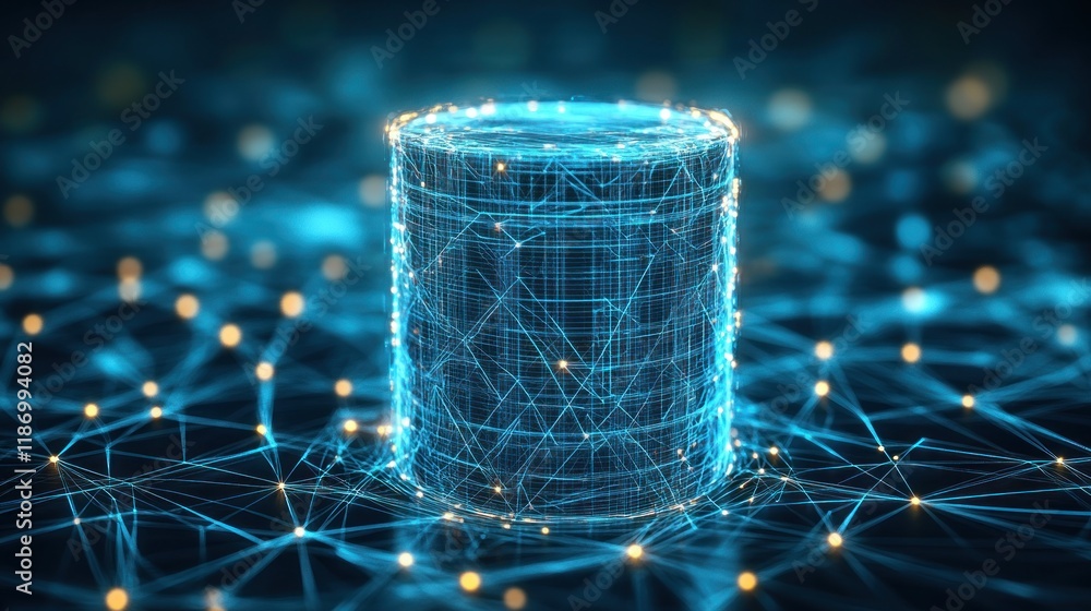 Wall mural glowing cylinder data node, on a network with bokeh use for it themes.