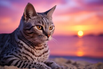 Obraz premium Portrait of a funny egyptian mau cat over vibrant beach sunset background