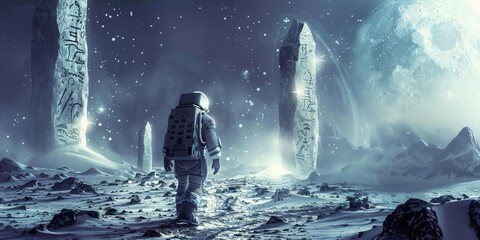 Obraz premium An astronaut explores a mystical alien landscape with towering stone monoliths under a starry sky.