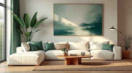 serene living room with sectional sofa abstract landscape painting