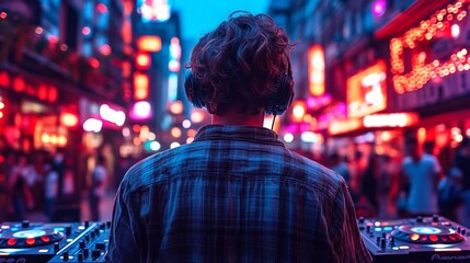 A DJ stands behind turntables, mixing music while colorful lights illuminate the lively street. An excited crowd dances and enjoys the outdoor festivities under the night sky.