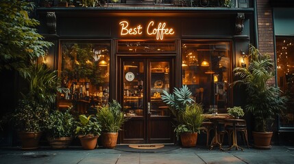 Cozy coffee shop exterior at night with plants.