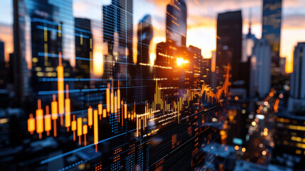 Financial district skyline at sunset with digital stock market data overlay, symbolizing economic growth and investment opportunities
