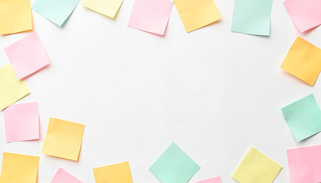 Pastel sticky notes arranged on white surface, creative organization, National Memo Day