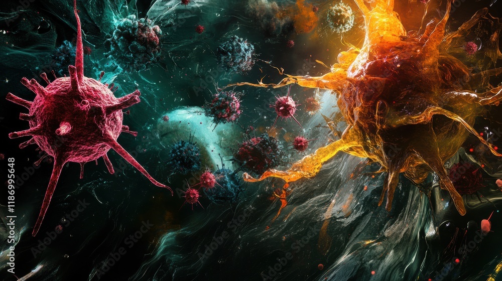Poster antibodies actively attacking and neutralizing a virus in a detailed cellular environment. generativ