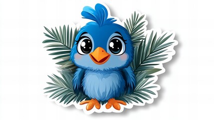 Obraz premium Adorable cartoon blue bird nestled amongst lush tropical leaves. Perfect for kids' designs!