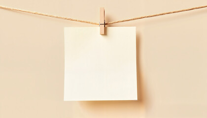 Vintage memo card hanging on string against beige wall, creative notes, National Memo Day