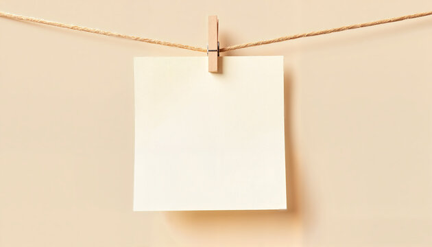 Vintage memo card hanging on string against beige wall, creative notes, National Memo Day - Powered by Adobe