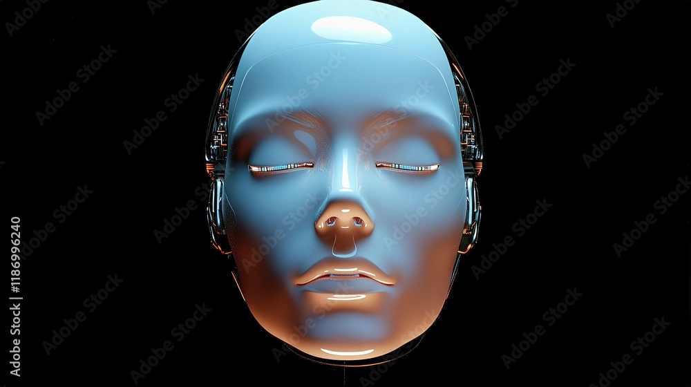 Poster futuristic humanoid robot face with ai elements in 3d design