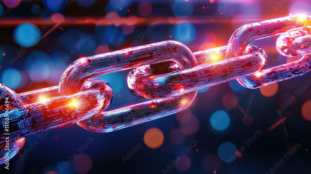 Poster digital representation of glowing chain symbolizing blockchain technology, showcasing interconnected links with vibrant colors and futuristic feel
