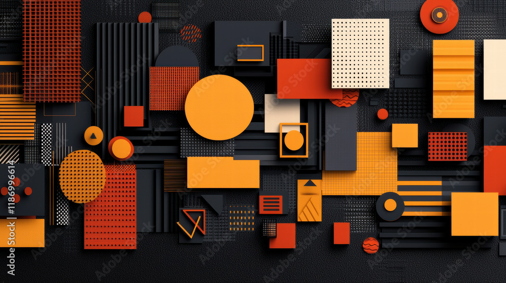 Aufkleber bold and abstract geometric shapes in orange, black, and yellow create striking visual composition. 