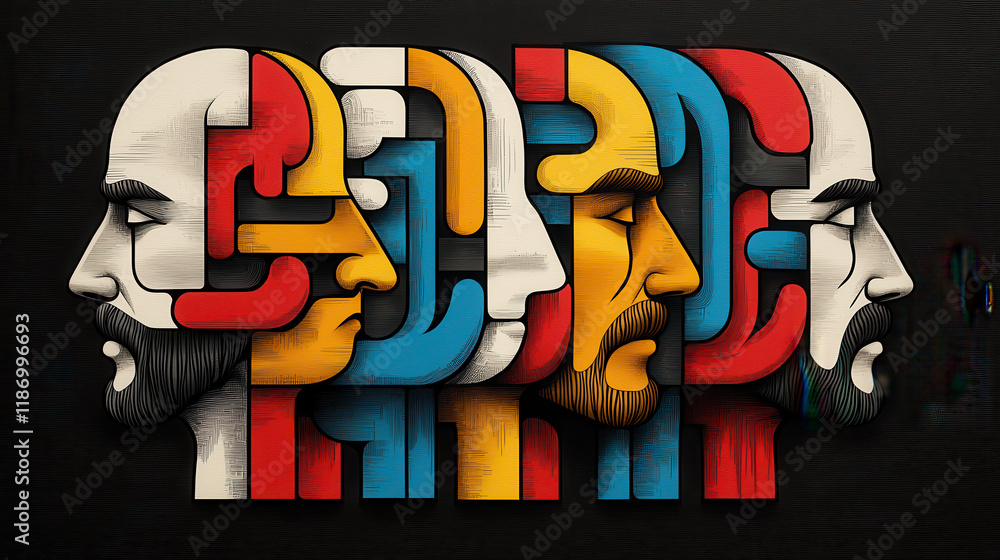 Poster bold and abstract illustration featuring geometric shapes and faces, showcasing vibrant colors and i