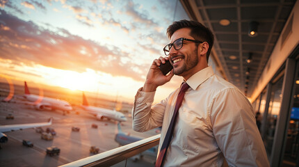 A man with glasses smiles, talking on his phone, with airplanes visible out the window at sunset. He wears a light colored shirt and a dark tie, suggesting a business trip