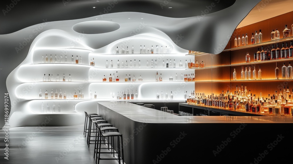 Poster A contemporary bar interior showcases a unique design with illuminated shelves filled with various spirits. Sleek black countertops and stylish stools create an inviting atmosphere for guests.