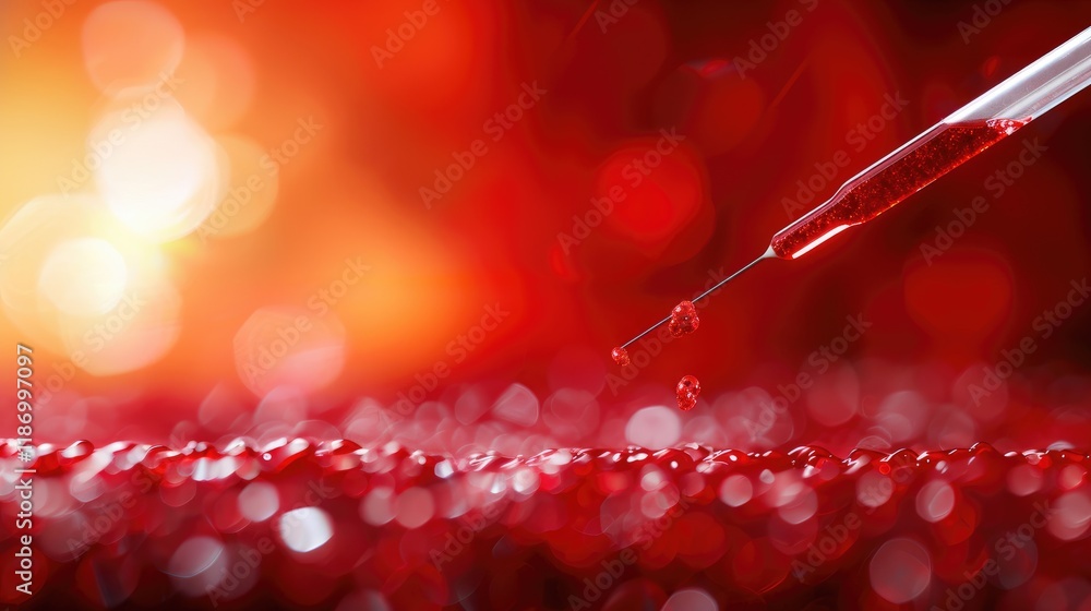 Poster close-up of a pipette dripping red liquid into a pool of glossy red drops with a warm blurred backgr
