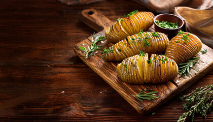 Naklejka premium Hasselback potatoes garnished with fresh herbs and butter are arranged on a rustic wooden serving board.