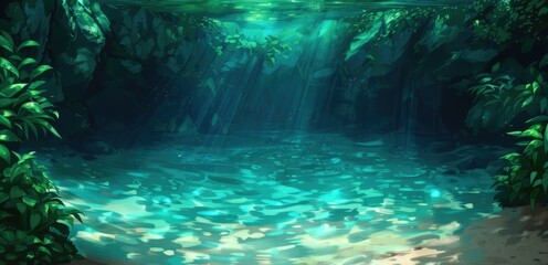 Obraz premium Serene Tropical Underwater Scene with Sunlight Streaming Through Clear Water and Lush Greenery
