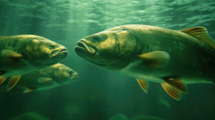 Underwater View of Lush Aquatic Scene Featuring Schools of Colorful Freshwater Fish in Natural Habitat