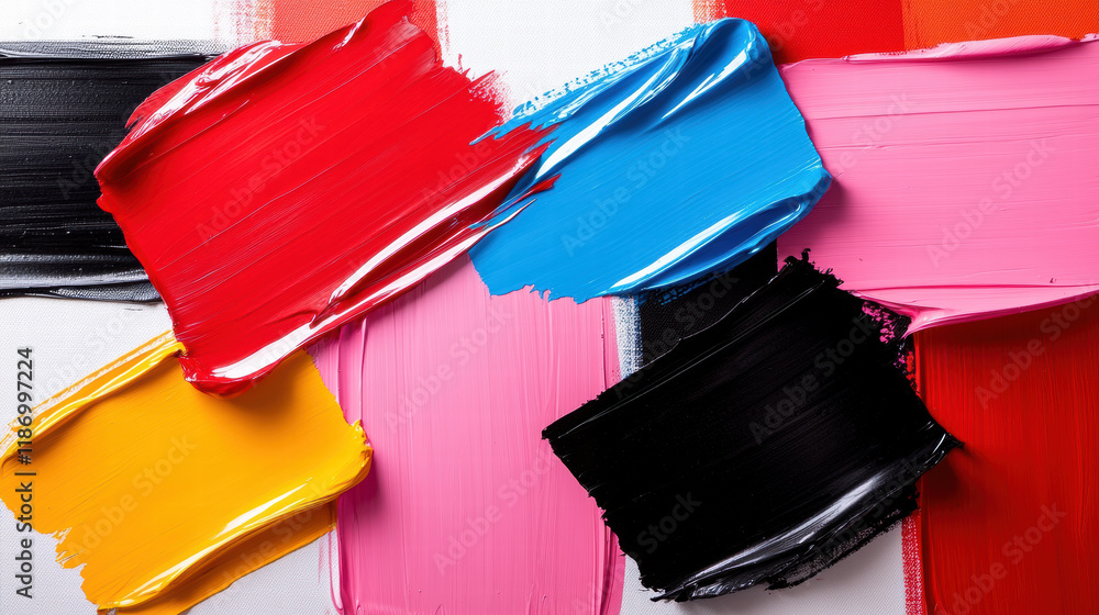 Poster bold and modern abstract art featuring contrasting colors like red, black, blue, and pink, creating 