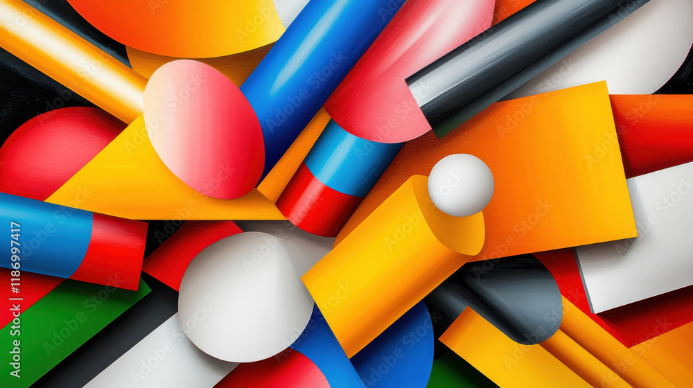 Poster Bold and vibrant abstract forms featuring geometric shapes various colors. This artwork showcases dynamic composition with circles, rectangles, and cylinders, creating energetic visual experience