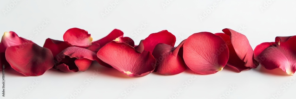 Poster delicate red rose petals arranged in a horizontal line on a pristine white backdrop create a romanti
