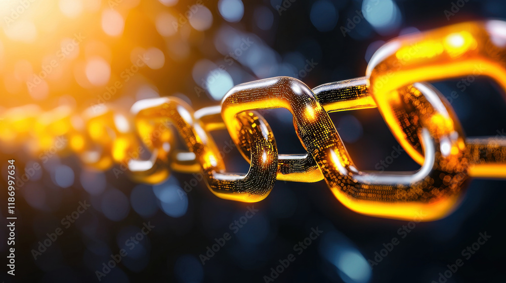 Poster close up view of shiny metal chain link, showcasing its intricate details and reflections. warm glow